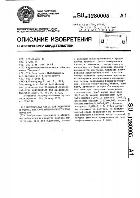 Питательная среда для выделения и отбора микроорганизмов- продуцентов протеазы (патент 1280005)