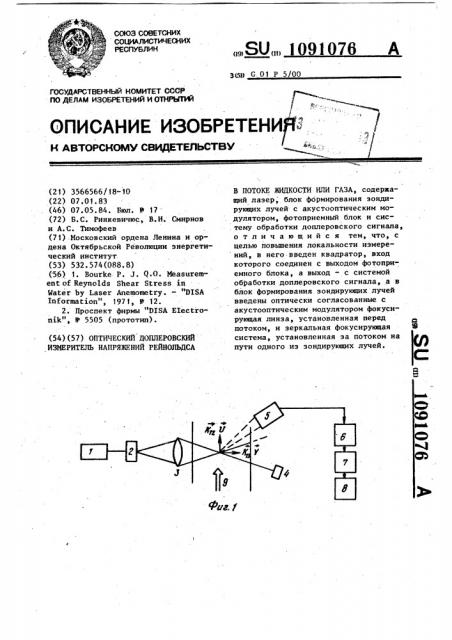 Оптический доплеровский измеритель напряжений рейнольдса в потоке жидкости или газа (патент 1091076)