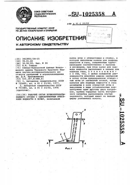 Рабочий орган почвообрабатывающего орудия с одновременным внесением жидкости в почву (патент 1025358)