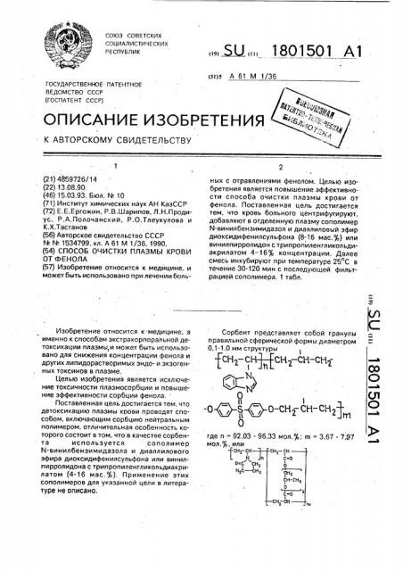 Способ очистки плазмы крови от фенола (патент 1801501)