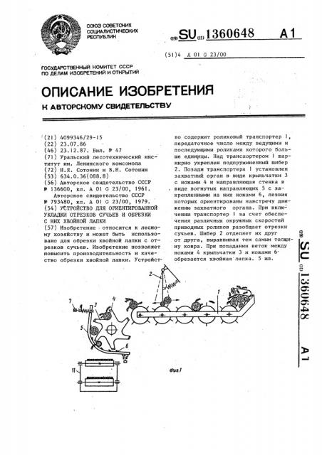 Устройство для ориентированной укладки отрезков сучьев и обрезки с них хвойной лапки (патент 1360648)