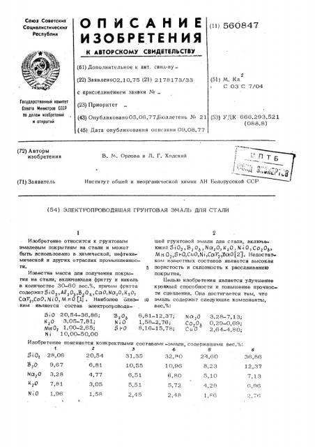 Электропроводящая грунтовая эмаль для стали (патент 560847)