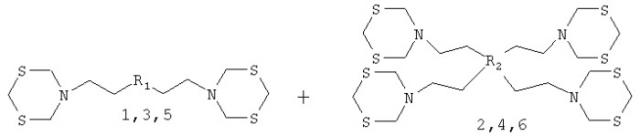 Способ совместного получения мономерных (n, n-бис{2-[1, 3, 5-дитиазинан-5-ил]этил}амина, n1,n2-бис{2-[1, 3, 5-дитиазинан-5-ил]этил}-1, 2-этандиамина, 5-{2-[5-{2-[1, 3, 5-дитиазинан-5-ил]этил}-4-метил-1, 3, 5-тиадизинан-3-ил]этил}-1, 3, 5-дитиазинана) и димерных бис-1, 3, 5-дитиазинанов(n-({[(бис{2-[1, 3, 5-дитиазинан-5-ил]этил}амино)метил]сульфанил}метил)-2-[1, 3, 5-дитиазинан-5-ил]-n-{2-[1, 3, 5-дитиазинан-5-ил]этил}-1-этанамина, 3, 6, 10, 13-тетракис-{2-[1, 3, 5-дитиазинан-5-ил]этил}-1, 8-дитиа-3, 6, 10, 13-тетраазациклотетрадекана, 3, 5, 9, 11-тетракис-{2-[1, 3, 5-дитиазинан-5-ил]этил}-4, 10-диметил-1,7-дитиа-3, 5, 9, 11-тетраазациклододекана) (патент 2356899)