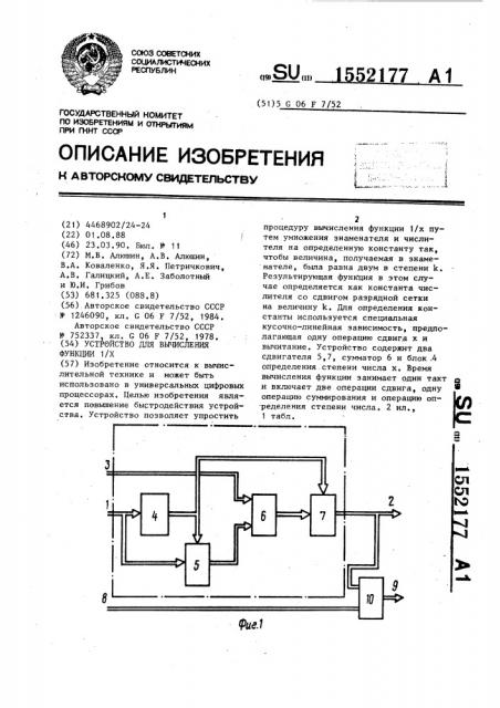 Устройство для вычисления функции 1/х (патент 1552177)