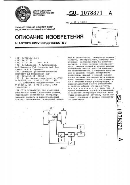 Устройство для измерения параметров тонких магнитных пленок (патент 1078371)