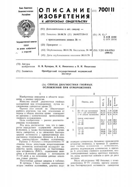 Способ диагностики гнойных осложнений при отморожениях (патент 700111)