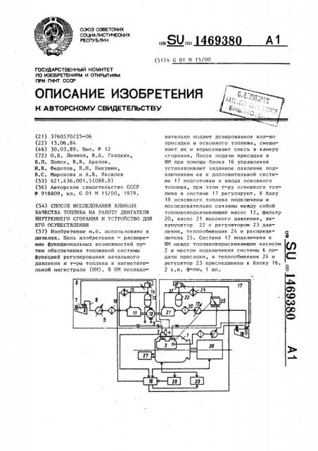 Способ исследования влияния качества топлива на работу двигателя внутреннего сгорания и устройство для его осуществления (патент 1469380)