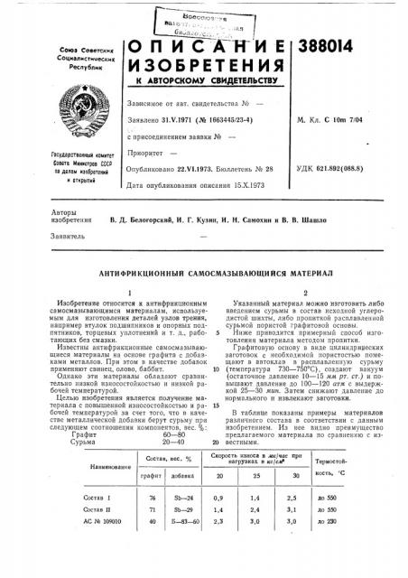 Антифрикционный самосмазывающийся материал (патент 388014)