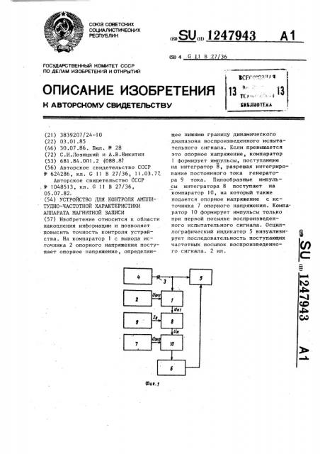 Устройство для контроля амплитудно-частотной характеристики аппарата магнитной записи (патент 1247943)