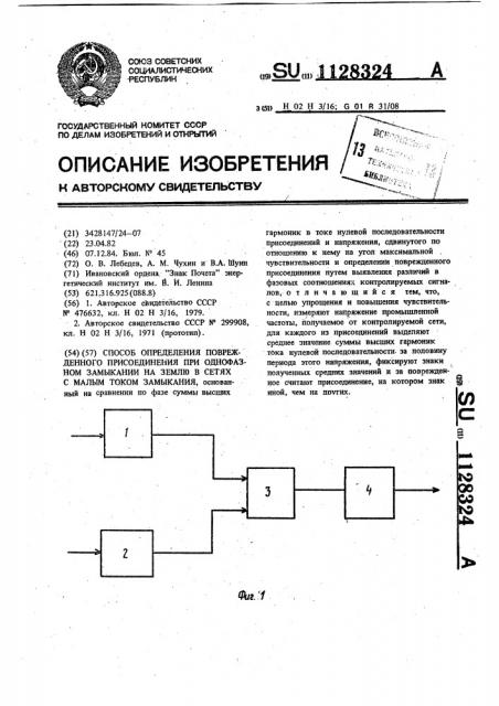 Способ определения поврежденного присоединения при однофазном замыкании на землю в сетях с малым током замыкания (патент 1128324)