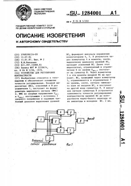 Устройство для регулировки контрастности (патент 1284001)