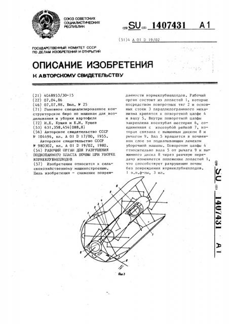 Рабочий орган для разрушения подкопанного пласта почвы при уборке корнеклубнеплодов (патент 1407431)