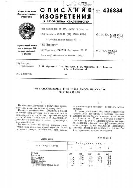 Вулканизуемая резиновая смесь на основе фторкаучуков (патент 436834)