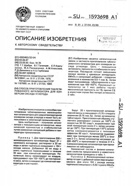 Способ приготовления таблетированного катализатора для конверсии оксида углерода (патент 1593698)