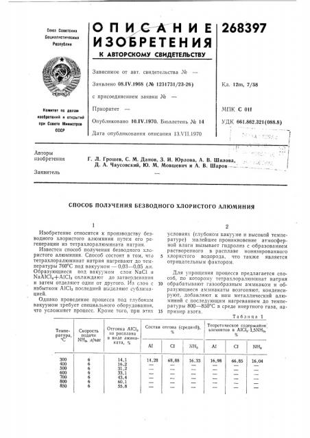 Способ получения безводного хлористого алюминия (патент 268397)