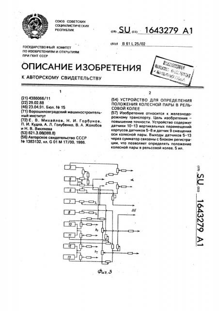 Устройство для определения положения колесной пары в рельсовой колее (патент 1643279)