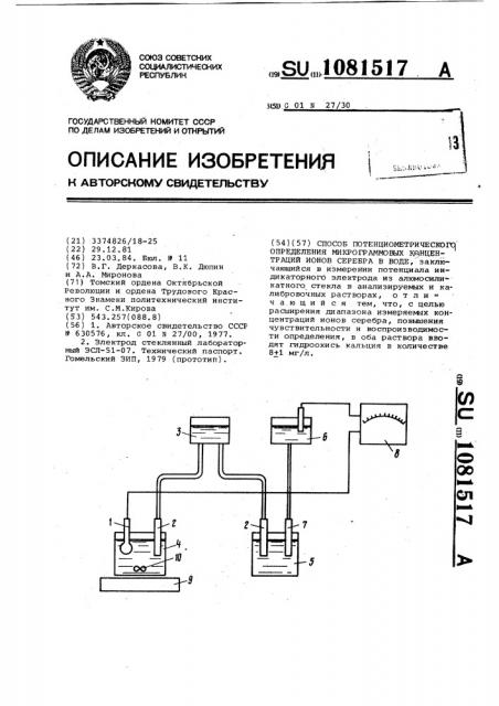 Способ потенциометрического определения микрограммовых концентраций ионов серебра в воде (патент 1081517)