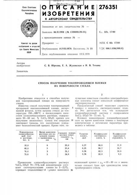 Способ получения токопроводящей пленки на поверхности стекла (патент 276351)