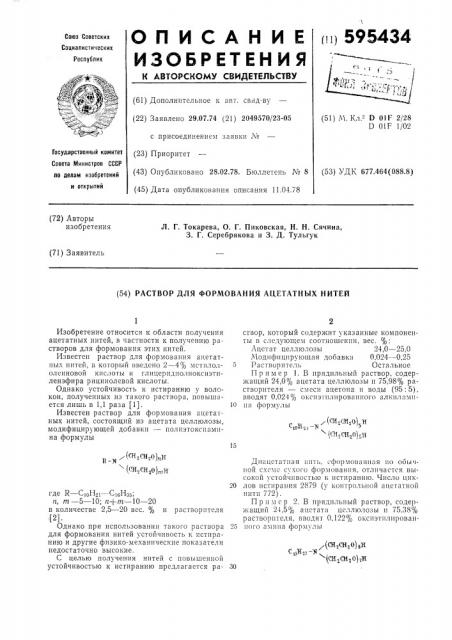 Раствор для формования ацетатных нитей (патент 595434)