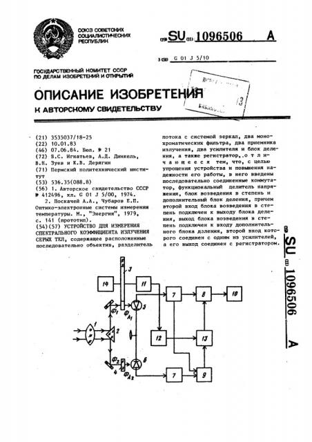 Устройство для измерения спектрального коэффициента излучения серых тел (патент 1096506)