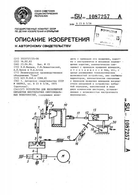 Устройство для бескопирной обработки многократных синусоидальных поверхностей (патент 1087257)