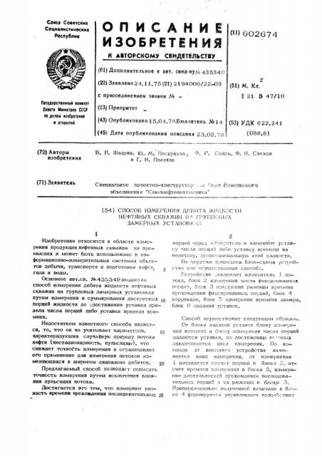 Способ измерения дебита жидкости нефтяных скважин на групповых замерных установках (патент 602674)