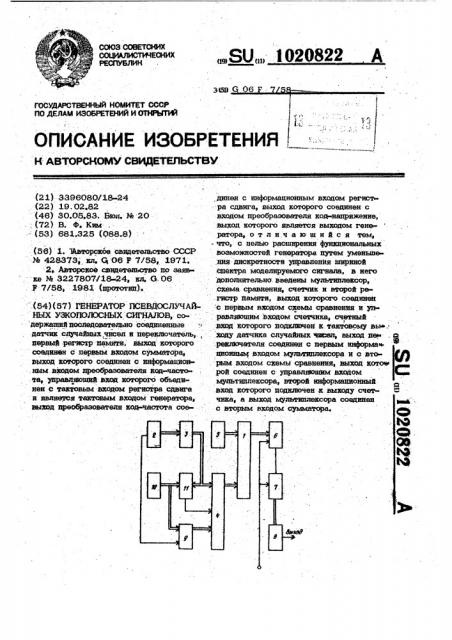 Генератор псевдослучайных узкополосных сигналов (патент 1020822)