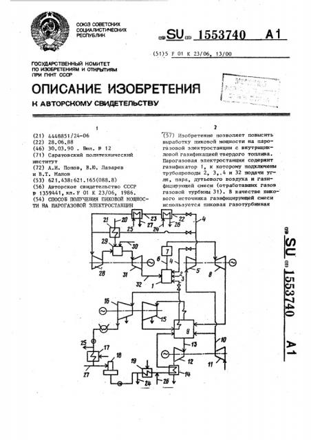 Способ получения пиковой мощности на парогазовой электростанции (патент 1553740)