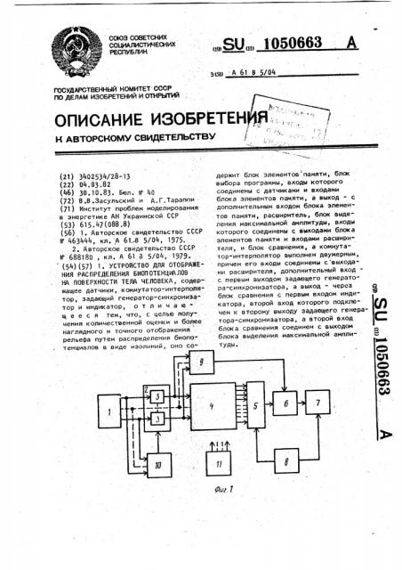 Устройство для отображения распределения биопотенциалов на поверхности тела человека (патент 1050663)