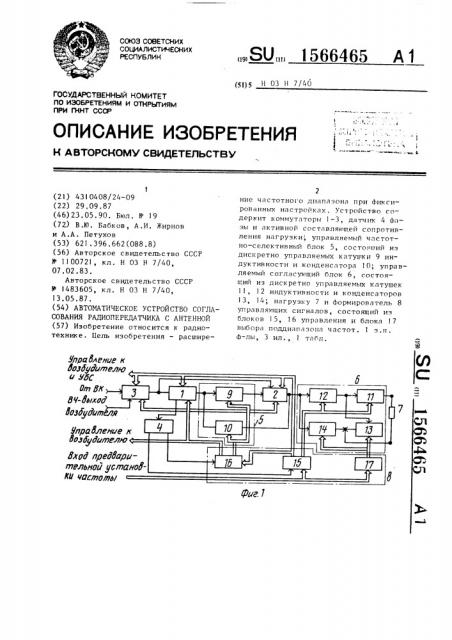 Автоматическое устройство согласования радиопередатчика с антенной (патент 1566465)