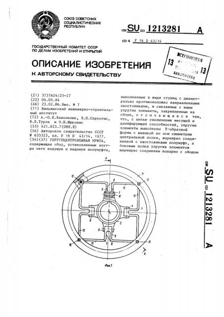 Упруго-центробежная муфта (патент 1213281)