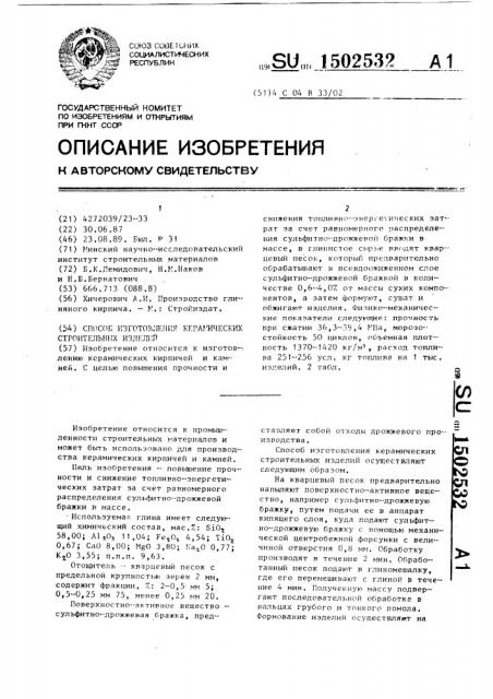 Способ изготовления керамических строительных изделий (патент 1502532)