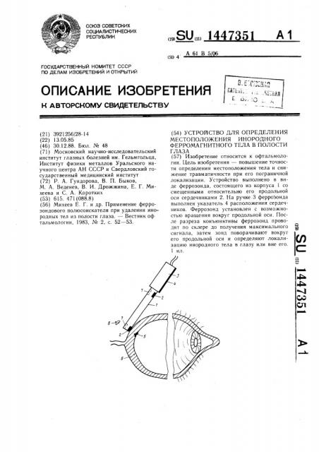 Устройство для определения местоположения инородного ферромагнитного тела в полости глаза (патент 1447351)