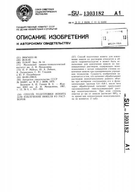 Способ подготовки ионита для извлечения никеля из растворов (патент 1303182)