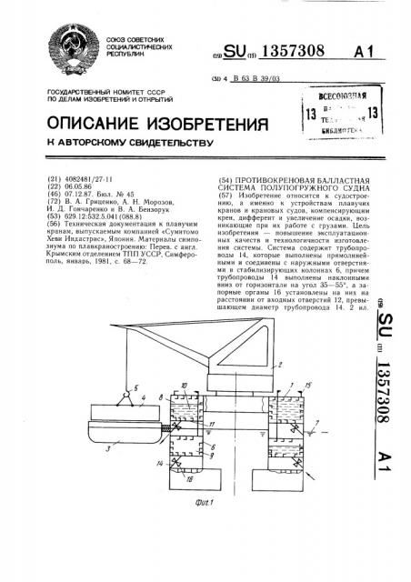 Противокреновая балластная система полупогружного судна (патент 1357308)
