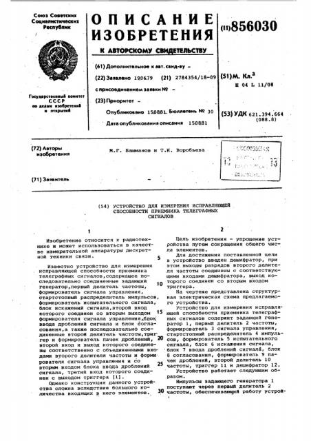 Устройство для измерения исправляющей способности приемника телеграфных сигналов (патент 856030)