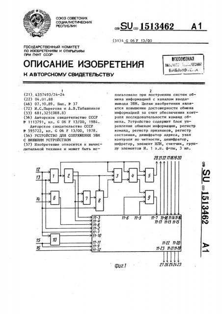 Устройство для сопряжения эвм с внешним устройством (патент 1513462)