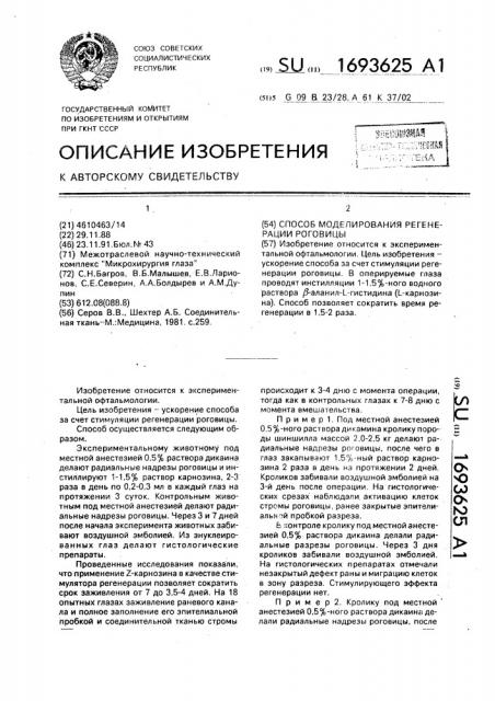 Способ моделирования регенерации роговицы (патент 1693625)