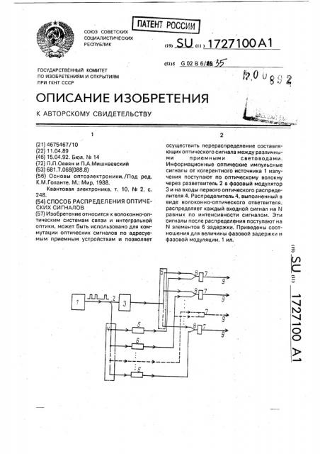 Способ распределения оптических сигналов (патент 1727100)