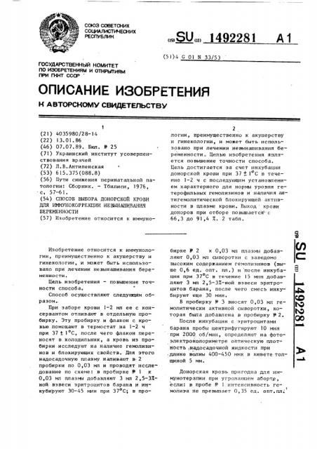 Способ выбора донорской крови для иммунокоррекции невынашивания беременности (патент 1492281)