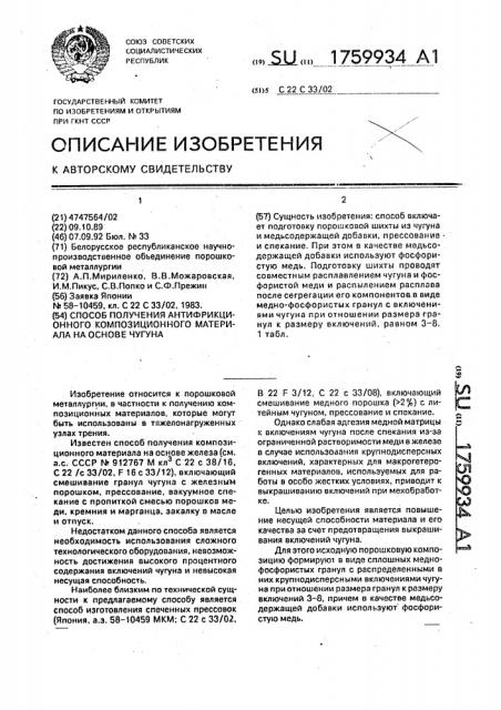 Способ получения антифрикционного композиционного материала на основе чугуна (патент 1759934)