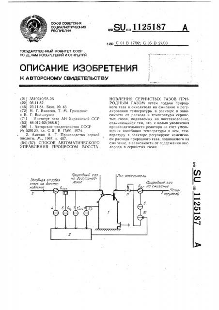 Способ автоматического управления процессом восстановления сернистых газов природным газом (патент 1125187)