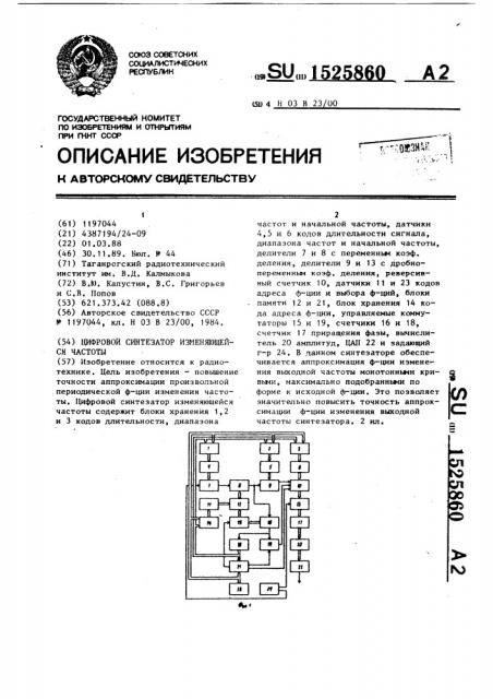Цифровой синтезатор изменяющейся частоты (патент 1525860)