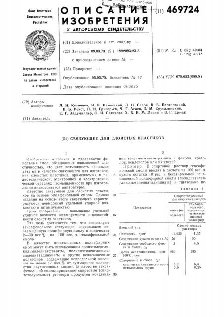 Связующее для слоистых пластиков (патент 469724)