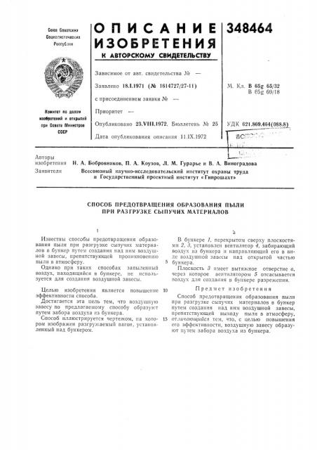Способ предотвращения образования пыли при разгрузке сыпучих материалов (патент 348464)