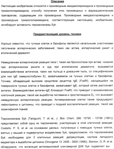 Производные имидазо(или триазоло)пиримидина, способ их получения и лекарственное средство, ингибирующее активность тирозинкиназы syk (патент 2306313)