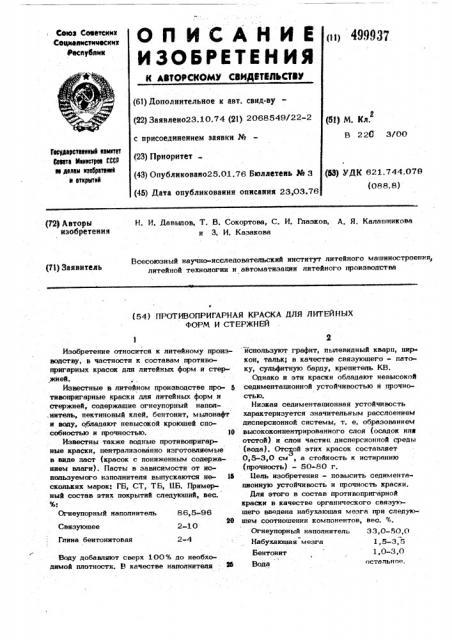 Противопригарная краска для литейных форм и стержней (патент 499937)