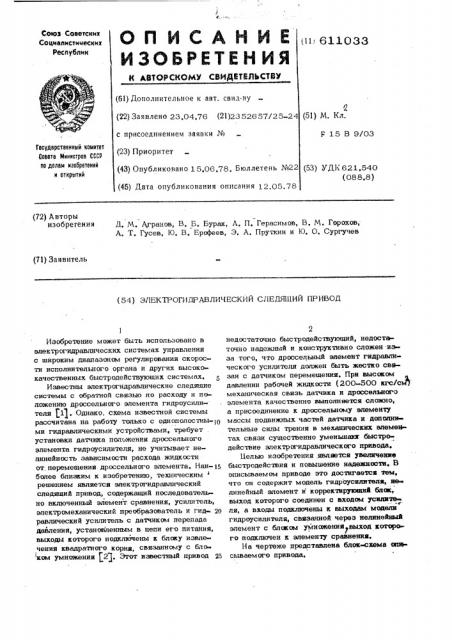 Электрогидравлический следящий привод (патент 611033)