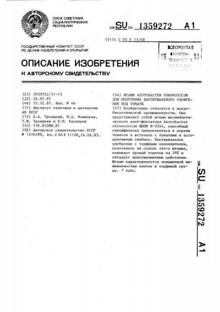 Штамм аzотовастеr снrоососсu @ для получения бактериального удобрения под томаты (патент 1359272)