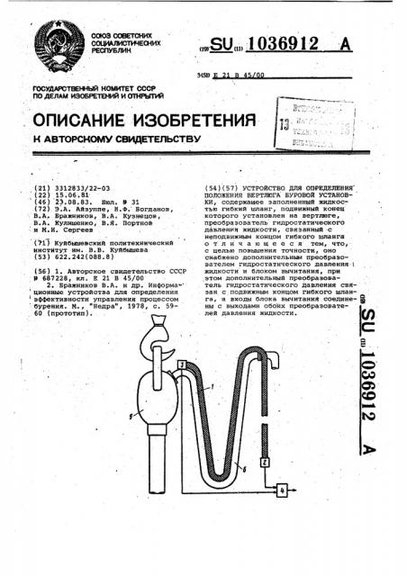 Устройство для определения положения вертлюга буровой установки (патент 1036912)